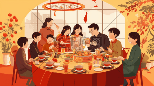 中国风人物美食插画图片_中国风亲朋好友欢乐聚餐插画31