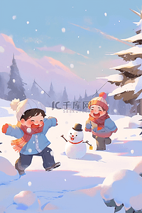 冬天可爱的雪人插画图片_冬天可爱孩子手绘插画打雪仗
