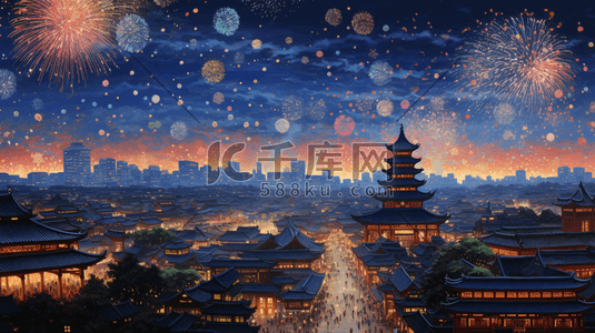 中国风古镇插画图片_中国风元宵节古镇灯笼夜景插画5