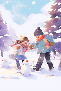 冬天可爱背景插画图片_打雪仗冬天可爱孩子手绘插画