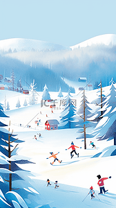 冬天滑雪玩耍海报滑雪场手绘插画