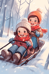冬天雪橇的插画图片_坐雪橇滑雪孩子冬天手绘插画海报