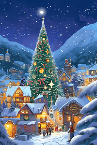 圣诞海报绿色插画图片_海报圣诞节童话小镇插画