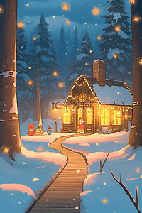 冬天圣诞节木屋雪天唯美手绘插画