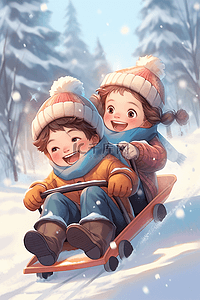 棉棉心意插画图片_滑雪冬天坐雪橇孩子手绘插画海报