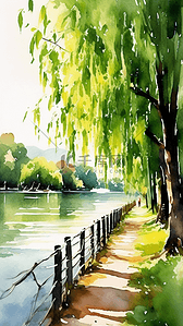 河边柳树插画风景图