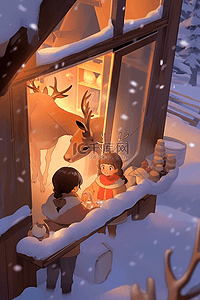 高亮节能环保插画图片_麋鹿木屋圣诞节手绘插画海报