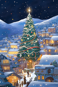 圣诞海报绿色插画图片_海报圣诞节小镇童话插画
