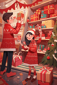 圣诞节红色卡通插画图片_手绘元素圣诞节商店卡通人物