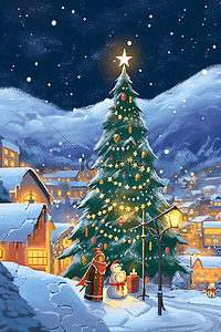 圣诞海报绿色插画图片_圣诞节插画童话小镇海报