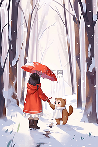冬天雪地里女孩小熊手绘插画