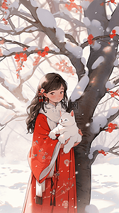 游戏比一比插画图片_中国风手绘插画冬天雪天樱花树女孩