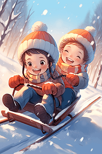 坐雪橇滑雪孩子手绘插画海报冬天