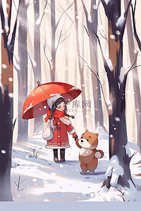 雪地里女孩冬天小熊手绘插画