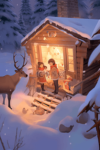 高亮节能环保插画图片_圣诞节手绘麋鹿木屋插画海报
