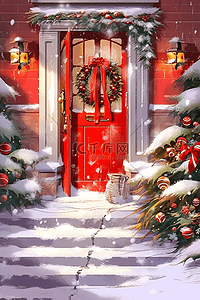 圣诞节海报门外圣诞树装饰插画