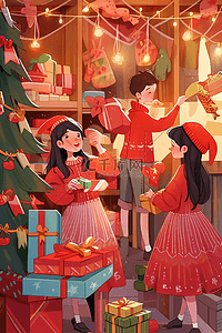 圣诞衣服插画图片_卡通元素圣诞节商店人物手绘