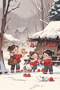 卡通苹果红色插画图片_手绘新年冬天可爱孩子玩耍插画