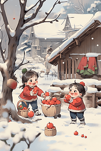 新年冬天可爱孩子手绘玩耍插画