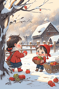 卡通苹果红色插画图片_新年手绘冬天可爱孩子玩耍插画
