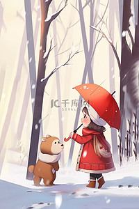 海报熊插画图片_冬天雪地里女孩小熊