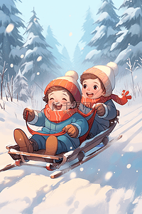 冬天雪橇的插画图片_冬天手绘坐雪橇滑雪孩子插画海报