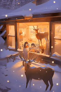 圣诞节麋鹿木屋插画海报手绘