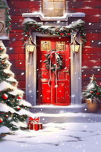 松装饰插画图片_圣诞节装饰门外圣诞树插画海报