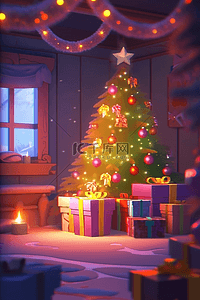圣诞树夜晚插画图片_圣诞节圣诞树海报3d插画