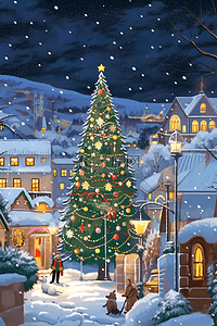 圣诞节装饰海报插画图片_童话小镇圣诞节插画海报