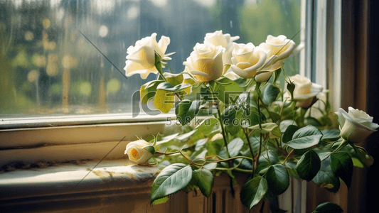 窗台上的白色玫瑰插画