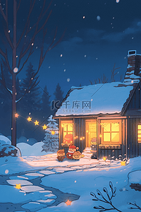 圣诞节冬天手绘木屋雪天唯美插画