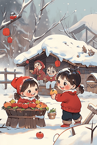 卡通苹果红色插画图片_新年插画冬天可爱孩子玩耍手绘