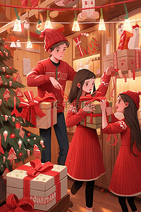 圣诞节红色卡通插画图片_圣诞节卡通商店人物手绘元素