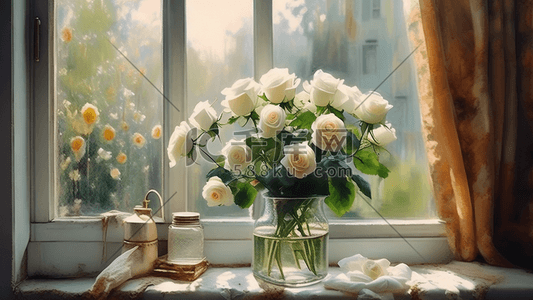 玫瑰白色插画图片_窗台上的白色玫瑰插画