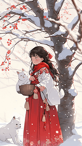 樱树插画图片_中国风冬天雪天手绘插画樱花树女孩