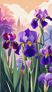 花园里的很多株紫色驾尾花插画