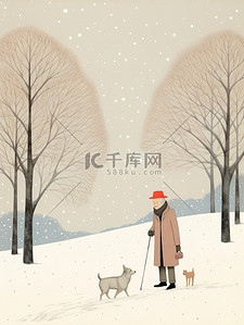 艺术招生易拉宝插画图片_冬天公园拉着小狗散步3