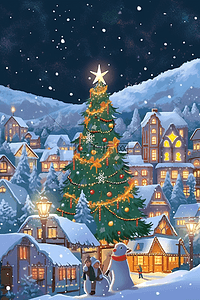 海报圣诞节蓝色插画图片_童话小镇插画海报圣诞节