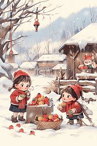 卡通苹果红色插画图片_冬天可爱孩子新年玩耍手绘插画