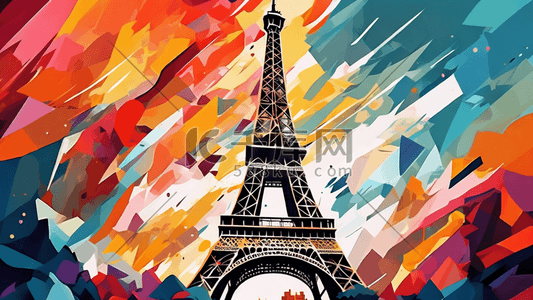 抽象颜色插画图片_埃菲尔铁塔的抽象混合介质油画