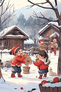 卡通苹果红色插画图片_冬天可爱孩子玩耍手绘新年插画