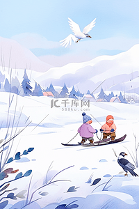 蓝色x展架易拉宝插画图片_海报可爱孩子滑雪冬天手绘插画