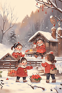 卡通苹果红色插画图片_新年冬天可爱孩子插画玩耍手绘