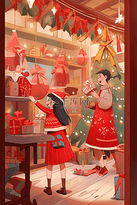 圣诞节红色卡通插画图片_圣诞节手绘商店人物卡通元素