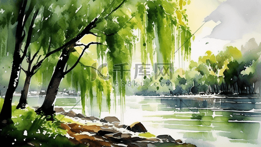 河边柳树插画风景图