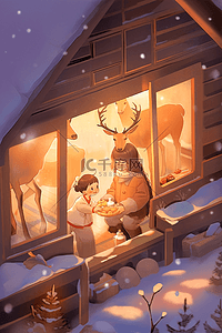 高亮节能环保插画图片_圣诞节麋鹿插画木屋手绘海报