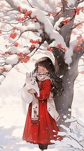 中国风冬天雪天插画樱花树女孩手绘