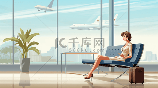 航空公司图标插画图片_飞机场候机的乘客插画5