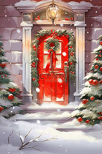 圣诞节装饰海报插画图片_圣诞节门外装饰圣诞树插画海报